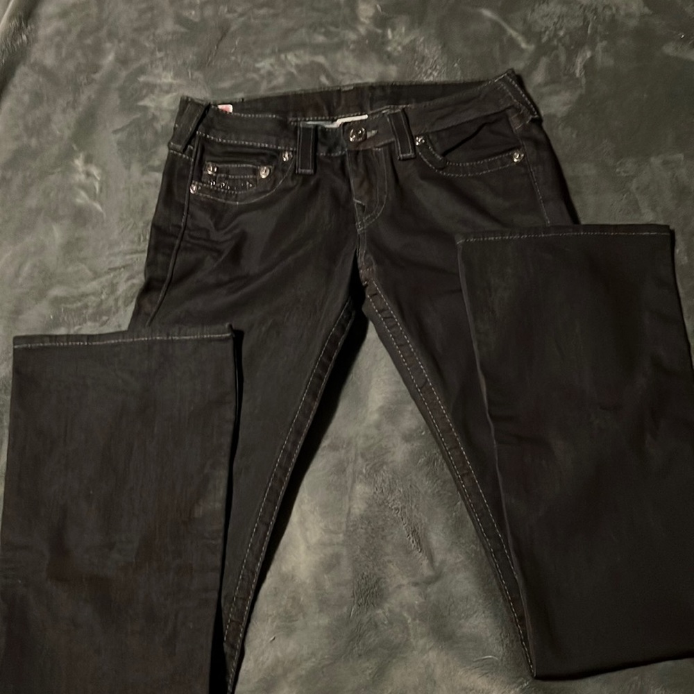 True Religion Slim flare jeans.  Size 28.  Dark Blue.  Embellished pockets.